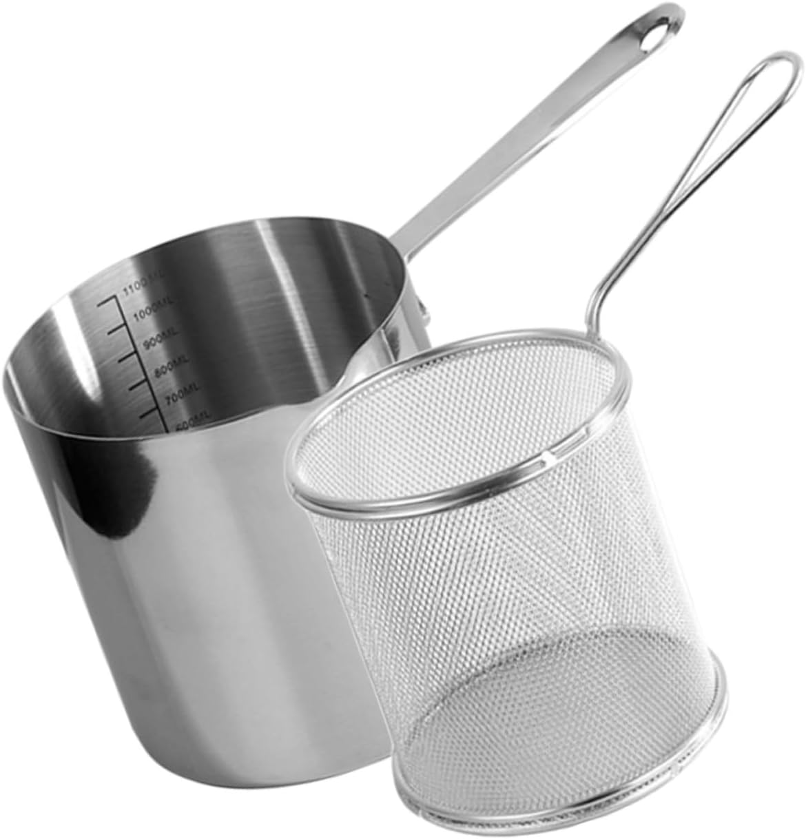 ステンレス鋼製深型フライヤーポットとハンドル付き揚げバスケット 家用調理用耐熱油切り揚げかご 小型揚げ鍋 高速熱伝導簡単清掃