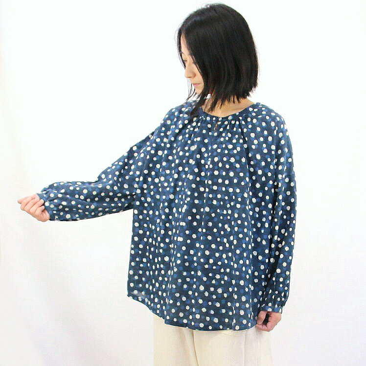 【メール便送料無料】インド綿 ブラウス 藍染 ブロックプリント ドット プルオーバー 長袖 ゆったり ドロップショルダー 丸首