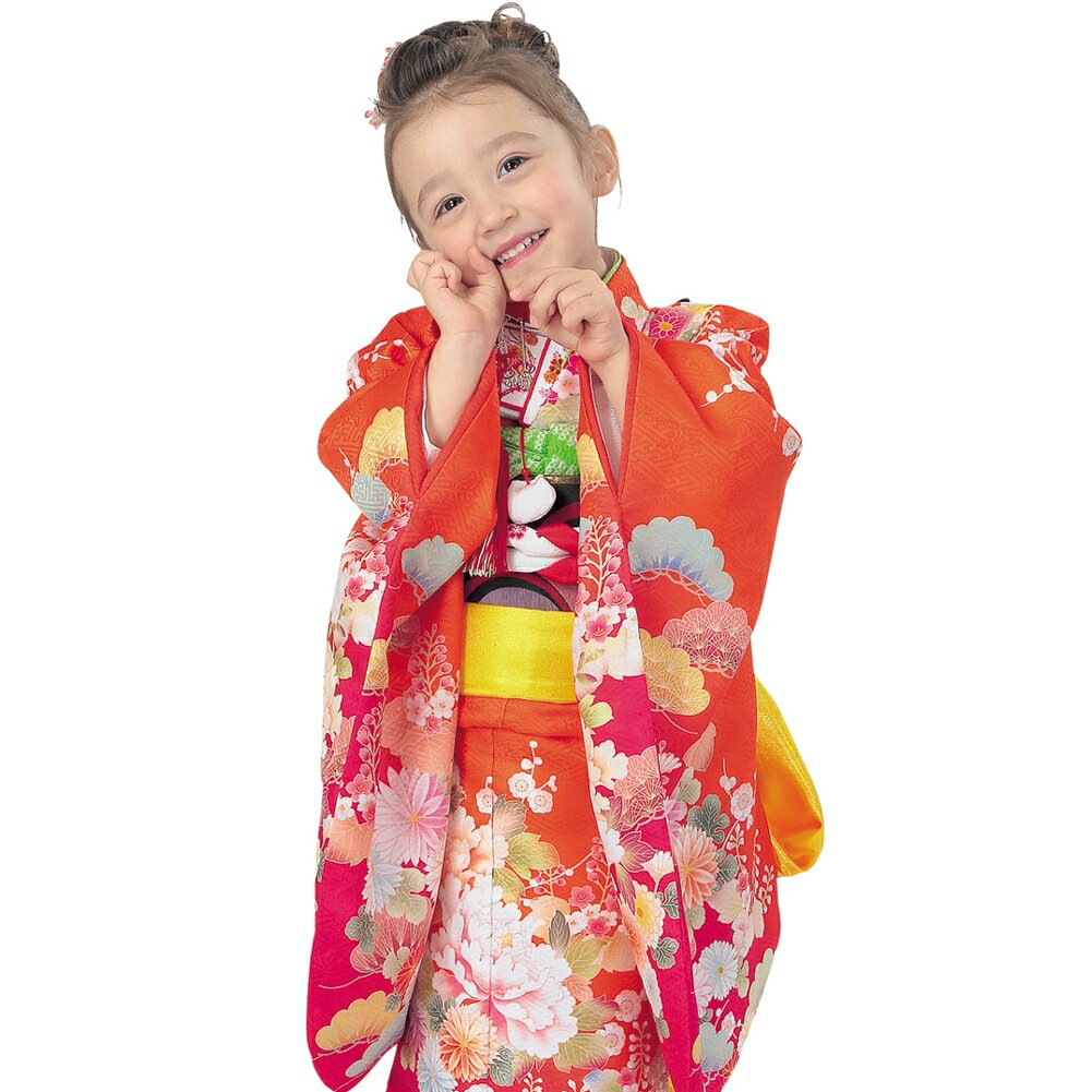 R・K 3歳きもの(三つ身)セット 牡丹 菊 松 梅 朱色 対応身長95cm 七五三 3歳 7歳 こども kids 着物