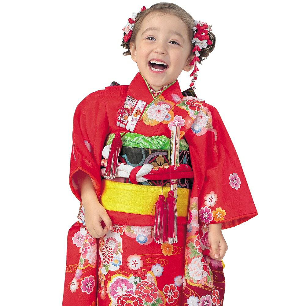R・K 3歳きもの(三つ身)セット 桜 牡丹 菊 赤 対応身長95cm 七五三 3歳 7歳 こども kids 着物