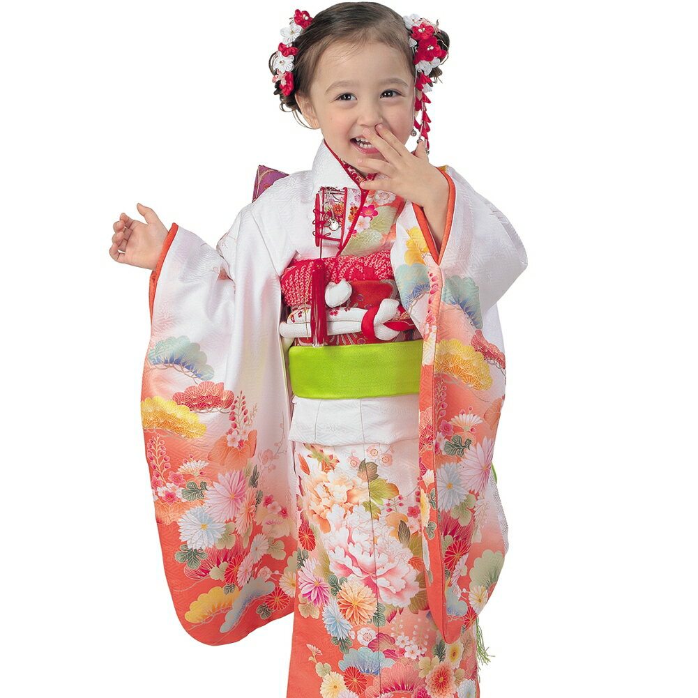 R・K 3歳きもの(三つ身)セット 牡丹 菊 松 梅 白 対応身長95cm 七五三 3歳 7歳 こども kids 着物