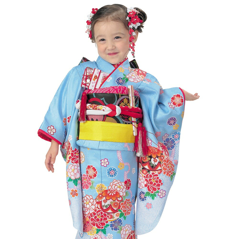 R・K 3歳きもの(三つ身)セット 牡丹 鞠 桜 水色 対応身長95cm 七五三 3歳 7歳 こども kids 着物