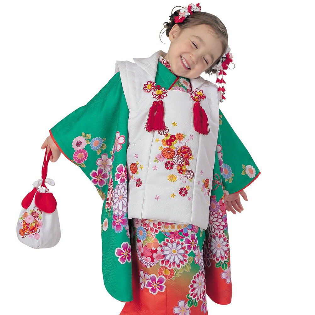 R・K 3歳 女児 被布セット 菊 鞠 桜 緑 対応身長95cm 七五三 3歳 7歳 こども kids 着物