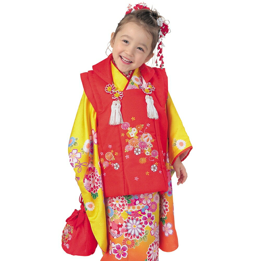 R・K 3歳 女児 被布セット 菊 鞠 桜 黄色 対応身長95cm 七五三 3歳 7歳 こども kids 着物