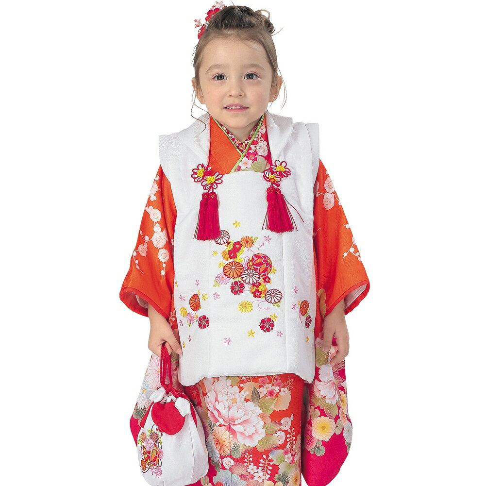 R・K 3歳 女児 被布セット 菊 松 梅 朱色 対応身長95cm 七五三 3歳 7歳 こども kids 着物