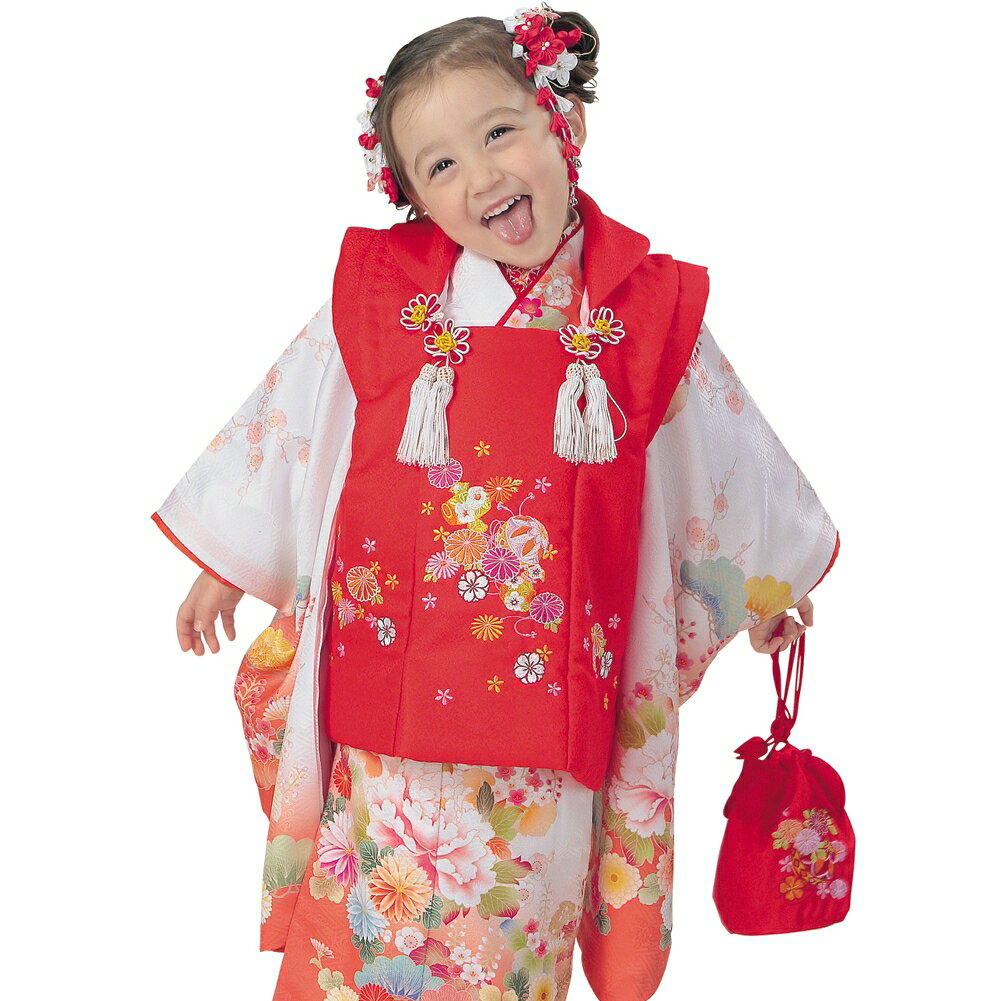 R・K 3歳 女児 被布セット 牡丹 菊 松 梅 白 対応身長95cm 七五三 3歳 7歳 こども kids 着物