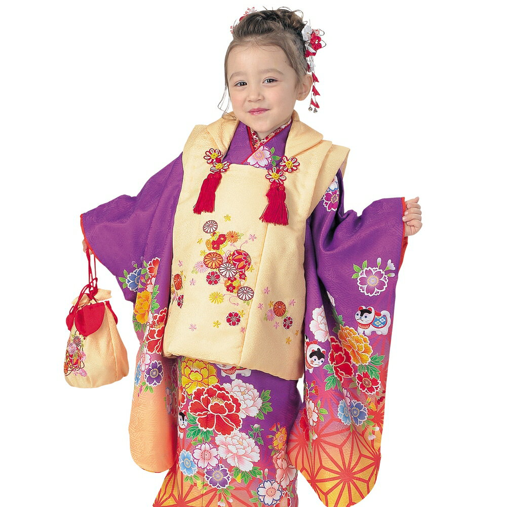 R・K 3歳 女児 被布セット 桜 牡丹 菊 紫 対応身長95cm 七五三 3歳 7歳 こども kids 着物