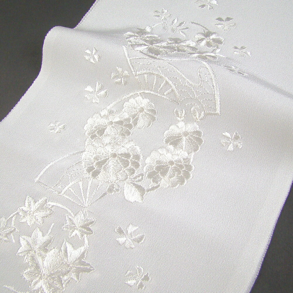 刺繍半衿 半襟 白／白 花輪に扇 結婚式 成人式 フォーマル