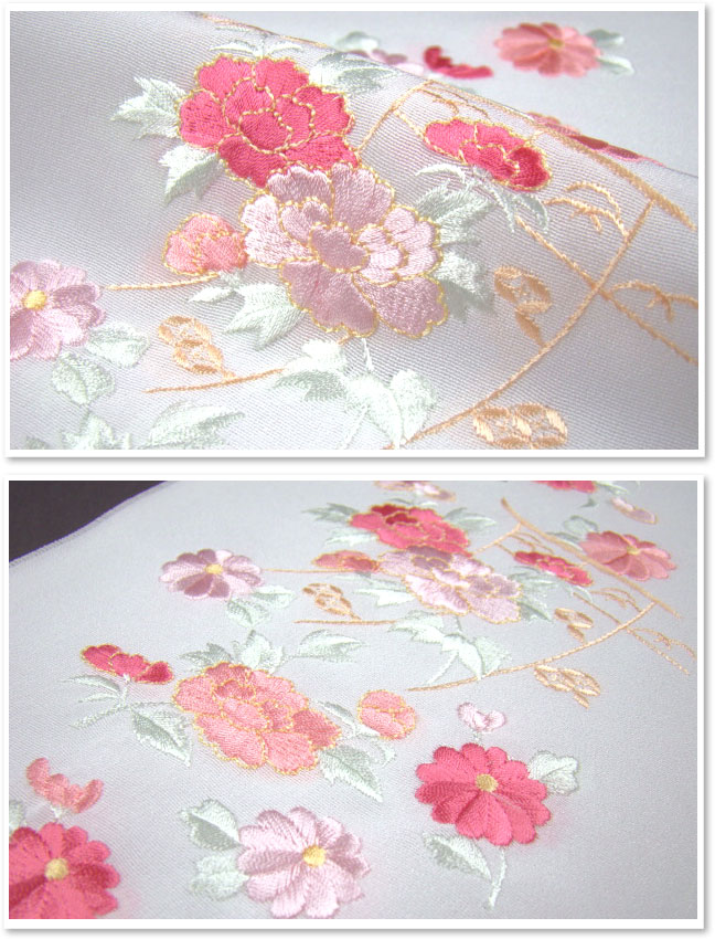 刺繍半衿 半襟 白／色 几帳に菊と牡丹 結婚式 成人式 フォーマル 振袖用 袴 はかま 白 ピンク