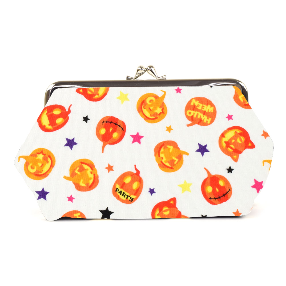 がま口 化粧ポーチ 大 ハロウィンかぼちゃ柄 白 ギフト プレゼント おしゃれ 可愛い がま口 ポーチ 敬老の日 母の日 父の日 クリスマス ホワイトデー