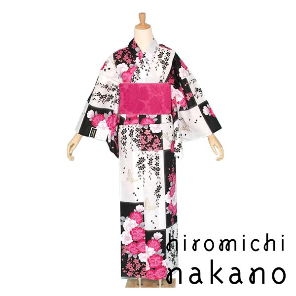 hiromichi nakano ヒロミチナカノ プレタ浴衣 市松に八重桜と蝶 白×黒【10N-5】