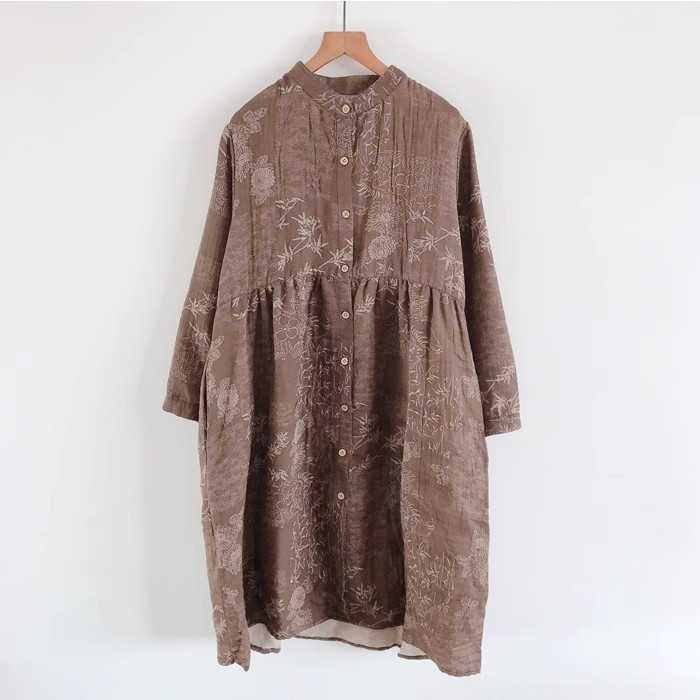 ワンピース 綿 チュニック レディース ガーゼ チュニックワンピース ワンピ 長袖 ロング 立ち襟 プリント コットン 水墨風 花柄 体型カバー ゆったり Aライン お洒落 レトロ カジュアル ポケット通勤 OL オフィス ボタン 前開き 着痩せ 30代 40代 50代 春 秋 送料無料