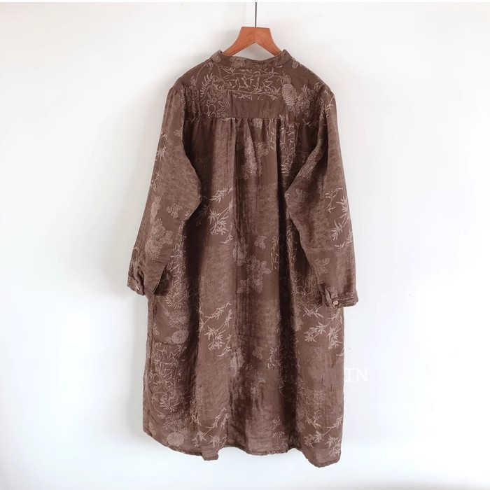 ワンピース 綿 チュニック レディース ガーゼ チュニックワンピース ワンピ 長袖 ロング 立ち襟 プリント コットン 水墨風 花柄 体型カバー ゆったり Aライン お洒落 レトロ カジュアル ポケット通勤 OL オフィス ボタン 前開き 着痩せ 30代 40代 50代 春 秋 送料無料