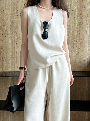 即納 パンツセット ノースリーブ レディース 新作 セットアップ 無地 ベスト パンツ Uネック ロングパンツ 紐 上下セット ロング プルオーバー タンク 春 夏 スリット 着痩せ カジュアル エレガント 2点セット 春 夏 通勤 OL オフィス 大人 お洒落 切り替え 送料無料