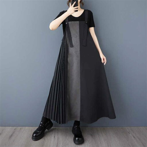 ジャンパースカート サロペットワンピース レディース 新作 ノースリーブ プリーツ 切り替え 無地 綿麻風 サロペット ワンピース デザイン感 ロング ワンピ 重ね着 春 夏 秋 着痩せ 体型カバー 大人 カジュアル 通勤 OL オフィス 可愛い 着回し お洒落 高見え 送料無料