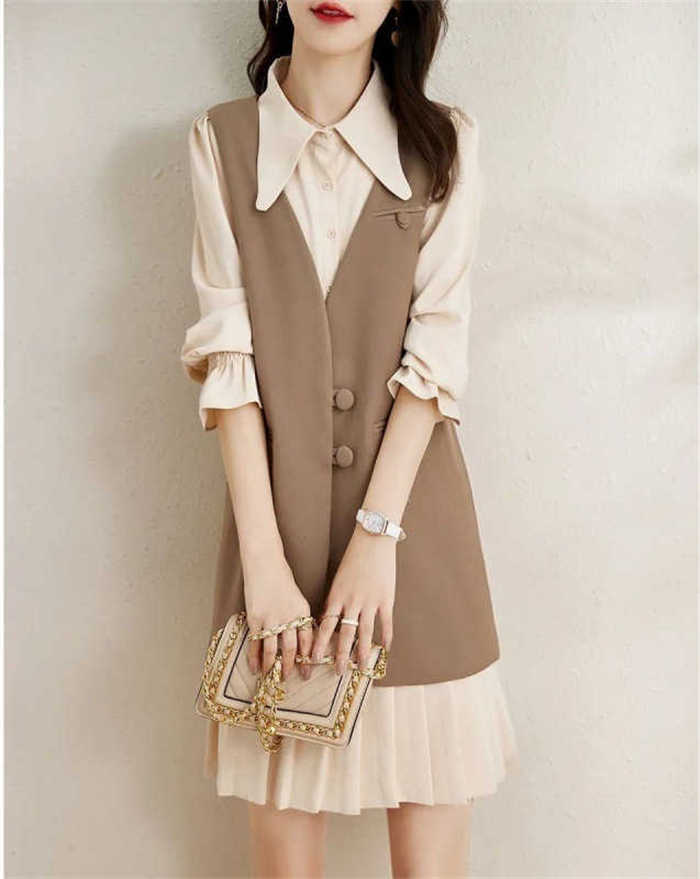 セットアップ ワンピース ベスト レディース 長袖 2点セット トップス ロング プルオーバー 無地 秋 春 秋服 Aライン aライン 通勤 OL オフィス ビジネス エレガント フォーマル 大人 おしゃれ 重ね着 かわいい 20代 30代 40代 50代 可愛い 着回し 切り替え 送料無料