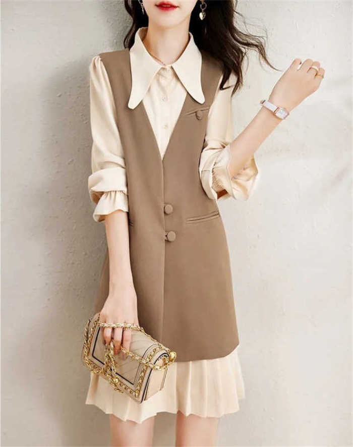 セットアップ ワンピース ベスト レディース 長袖 2点セット トップス ロング プルオーバー 無地 秋 春 秋服 Aライン aライン 通勤 OL オフィス ビジネス エレガント フォーマル 大人 おしゃれ 重ね着 かわいい 20代 30代 40代 50代 可愛い 着回し 切り替え 送料無料