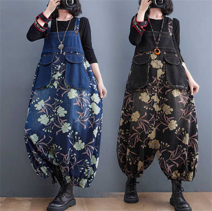 サロペット デニム パンツ オールインワン レディース パンツドレス デニムパンツ デニム サルエル サロペットパンツ 花柄 体型カバー 着痩せ ロング カジュアル 大きいサイズ おしゃれ ポケット 可愛い 秋 冬 ハイウエスト 20代 30代 40代 50代 切り替え 大人 送料無料
