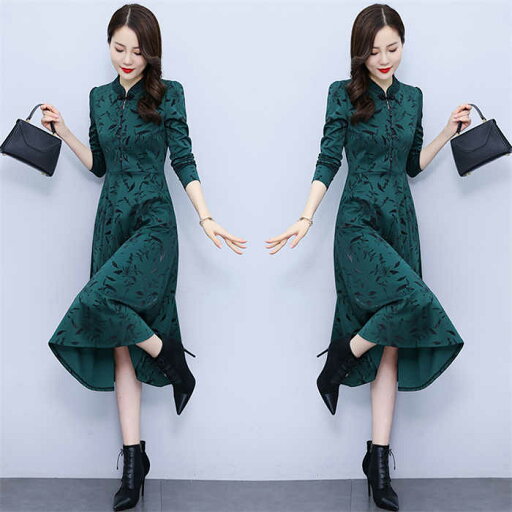 ワンピース レディース ロング ワンピース プリント 花柄 ウエストマーク ワンピ プルオーバー 長袖 新作 秋 冬 Aライン ハーフネック ファスナー ボタン ポケット付き おしゃれ 着瘦せ エレガント 可愛い 30代 40代 50代 通勤 OL オフィス 大人 切り替え 送料無料