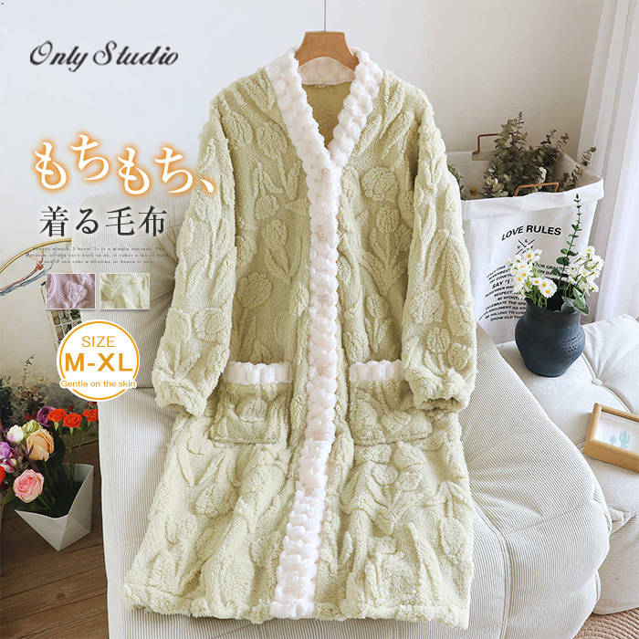 ルームウエア ワンピース バスローブ レディース 新作 ボア ネグリジェ Vネック 長袖 配色 立体花柄 ロングワンピース お風呂上り パジャマ ルームワンピー...