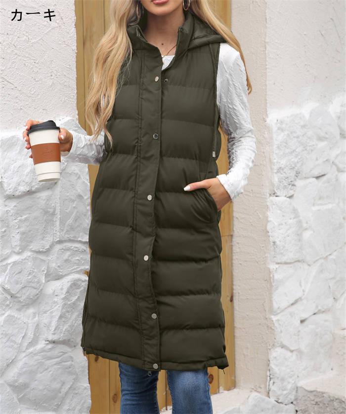 キルティング ベスト 中綿 フード付き レディース 新作 中綿ベスト 立ち襟 ノースリーブ 無地 重ね着 ロングベスト ロング アウター ジレ キルティングベスト ゆったり ファスナー 防寒 秋 冬 お洒落 前開き カジュアル 大人 暖か 通勤 OL オフィス 着回し 送料無料