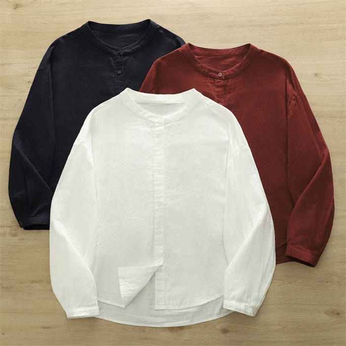 綿 ダブルガーゼ シャツ レディース 新作 ガーゼシャツ クルーネック 立ち襟 コットンシャツ 長袖 無地 トップス ベーシック 切り替え 前開き ボタン 羽織り ゆったり 春 夏 秋 着痩せ カジュアル ナチュラル 通勤 OL お洒落 大人 オフィス 着回し 可愛い 送料無料