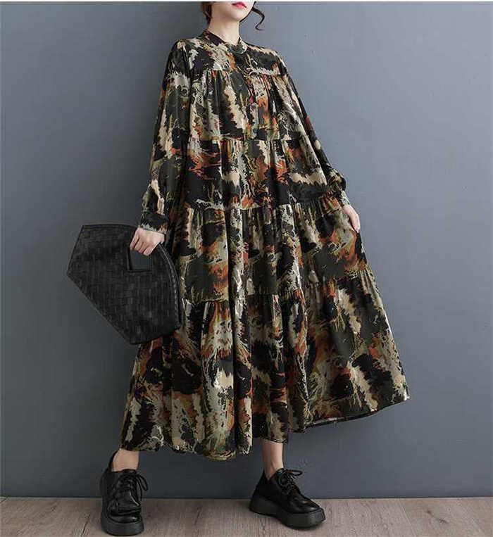 ワンピース レディース ロングワンピース 長袖 ロング ワンピ プリント 体型カバー ゆったり デザイン感 プルオーバー クルーネック ロングワンピ かわいい ボタン 新作 春 秋 着痩せ 大きいサイズ カジュアル レトロ おしゃれ 30代 40代 50代 大人 通勤 OL 送料無料