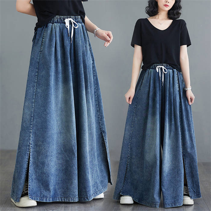デニムパンツ ワイドパンツ レディース 新作 パンツドレス スリット ロング パンツ...