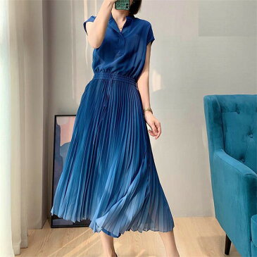 プリーツワンピース ワンピース 春 夏 夏服 ロングワンピース プリーツ ワンピ レディース 半袖 ドレス 大きいサイズ きれいめ 上品 オフィス 通勤 結婚式 送料無料 20代 30代 40代 50代 グラデーション ミモレ丈 ウエストゴム