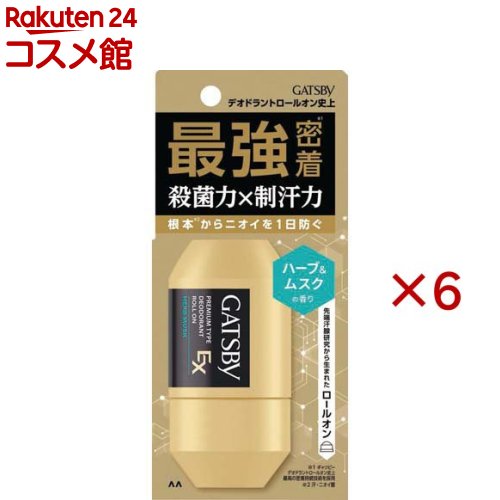 お店TOP＞ギャツビー EXプレミアムタイプデオドラントロールオン ハーブ＆ムスク (60ml×6セット)商品区分：医薬部外品【ギャツビー EXプレミアムタイプデオドラントロールオン ハーブ＆ムスクの商品詳細】●W殺菌＆徹底汗ケアでニオイを徹底対策。●汗腺研究から生まれたロールオン。●ハーブ＆ムスクの香り【販売名】デオドラント ロールオンOB【使用方法】・容器をよく振った後一度さかさにしてからワキの下などニオイの気になるところに適量を塗ってください・上向きでご使用ください・乾いた後で衣服を着てください・使用後はキャップをきちんと閉めてください・ボールが回りにくいときは指で回してからお使いください・ボール部に白い結晶ができても効果に影響はありません【成分】有効成分：クロルヒドロキシアルミニウム、イソプロピルメチルフェノール、塩化ベンザルコニウム液その他成分：エタノール、精製水、ポリエチレングリコール400、常水、トリ2-エチルヘキサン酸グリセリル、l-メントール、ヒドロキシプロピルセルロース、アクリル酸アルキル共重合体エマルション(1)、グリチルリチン酸モノアンモニウム、ポリエチレングリコール、香料【注意事項】・顔・粘膜への使用は避け、除毛直後や肌に傷のあるときは使わないでください・お肌に異常が生じていないかよく注意して使用してください。傷やはれもの・湿疹等異常のあるときは使わないでください。・使用中又は使用後日光にあたって赤味・はれ・かゆみ・刺激・色抜け(白斑等)や黒ずみ等の異常がでたら使用を中止し皮フ科医へご相談ください。そのまま使用を続けると症状が悪化することがあります。・メントールの冷感刺激に弱い方肌の弱い方は使用をお控えください・高温になるところには置かないでください・乳幼児や認知症の方などの誤飲等を防ぐため置き場所にご注意ください・皮フ科医等へご相談の際は全成分情報が必要となることがありますのでこの箱を大切に保管してください【原産国】日本【ブランド】ギャツビー(GATSBY)【発売元、製造元、輸入元又は販売元】マンダム※説明文は単品の内容です。リニューアルに伴い、パッケージ・内容等予告なく変更する場合がございます。予めご了承ください。・単品JAN：4902806136074マンダム540-8530 大阪府大阪市中央区十二軒町5-120120-37-3337広告文責：楽天グループ株式会社電話：050-5306-1825