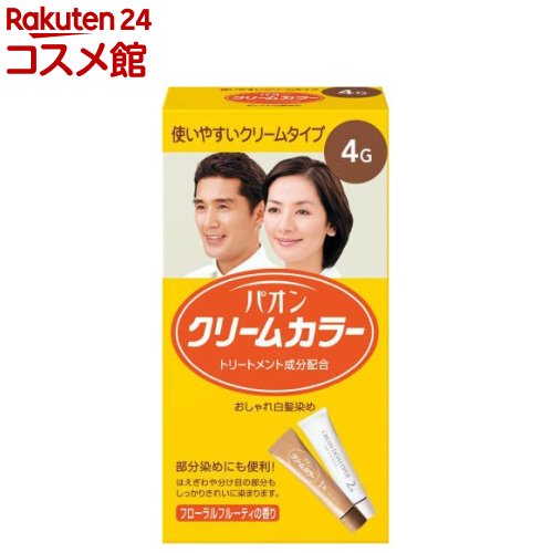 お店TOP＞化粧品＞ヘアケア＞白髪染め＞白髪染め マイルドタイプ＞パオン＞パオンクリームカラー 4G (1セット)商品区分：医薬部外品【パオンクリームカラー 4Gの商品詳細】●クリーム状なので部分染めに便利です自然な栗色【販売名】パオン クリームカラーb 4-G、クリームデベロパー 40 a【原産国】タイ【ブランド】パオン【発売元、製造元、輸入元又は販売元】ヘンケルジャパンリニューアルに伴い、パッケージ・内容等予告なく変更する場合がございます。予めご了承ください。/(/F203909/)/ヘンケルジャパン140-0002 東京都品川区東品川2-2-803-5783-4271広告文責：楽天グループ株式会社電話：050-5306-1825[ヘアケア/ブランド：パオン/]