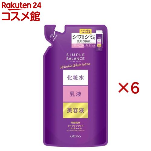 お店TOP＞シンプルバランス 薬用リンクルホワイトローション つめかえ用 (200ml×6セット)商品区分：医薬部外品【シンプルバランス 薬用リンクルホワイトローション つめかえ用の商品詳細】●「シンプルバランス 薬用リンクルホワイトローション」のつめかえ用。●医薬部外品。【販売名】シンプルバランス ローションWRa【使用方法】朝夜の洗顔後、適量を手のひらにとりお肌になじませてください。【成分】ナイアシンアミド※、D-パントテニルアルコール※、精製水、濃グリセリン、1.3-ブチレングリコール、L-アスコルビン酸 2-グルコシド、グルタチオン、加水分解コラーゲン末、N-ステアロイルジヒドロスフィンゴシン、ドクダミエキス、トリポリヒドロキシステアリン酸ジペンタエリスリチル、パルミチン酸2-エチルヘキシル、トリ(カプリル・カプリン酸)グリセリル、メチルポリシロキサン、ポリオキシエチレン硬化ヒマシ油、自己乳化型モノステアリン酸グリセリル、ジプロピレングリコール、アクリル酸ナトリウム・アクリロイルジメチルタウリン酸ナトリウム共重合体／イソヘキサデカン／ポリソルベート80、アクリル酸・メタクリル酸アルキル共重合体、キサンタンガム、ポリオキシエチレンポリオキシプロピレンセチルエーテル(20E.O.)(4P.O.)、水酸化ナトリウム、エデト酸二ナトリウム、フェノキシエタノール、パラベン※は「有効成分」 無表示は「その他の成分」【注意事項】・お肌に異常が生じていないかよく注意して使用してください。・傷、はれもの、湿疹等、異常のある時は使わないでください。・使用中や使用後日光にあたって、赤み、はれ、かゆみ、刺激、色抜け(白斑等)や黒ずみ等の異常があらわれた時は使用をやめ、皮フ科専門医等へご相談をおすすめします。使用を続けますと悪化することがあります。・目に入った時は、直ちに洗い流してください。・乳幼児の手の届かない所に置いてください。・極端に高温又は低温の場所、直射日光のあたる場所には置かないでください。【原産国】日本【ブランド】シンプルバランス【発売元、製造元、輸入元又は販売元】ウテナ※説明文は単品の内容です。リニューアルに伴い、パッケージ・内容等予告なく変更する場合がございます。予めご了承ください。・単品JAN：4901234335929ウテナ157-8567 東京都世田谷区南烏山1-10-220120-305-411広告文責：楽天グループ株式会社電話：050-5306-1825
