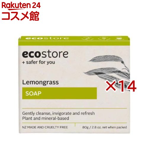 お店TOP＞レモングラスソープ (80g×14セット)商品区分：化粧品【レモングラスソープの商品詳細】●もっちりとした泡立ちで肌をやさしく包み込み、洗い上げます。レモングラスの香り。【販売名】エコストア LGソープ【使用方法】水またはぬるま湯でしっかり泡立ててから洗い、その後よくすすいでください。【成分】パーム脂肪酸Na、パーム核脂肪酸Na、水、グリセリン、塩化Na、酸化チタン、インドレモングラス葉油、エチドロン酸4Na、EDTA-4Na【規格概要】・商品サイズ：W75×H62×D24mm・原産国：ニュージーランド【注意事項】・肌に異常が生じていないかよく注意してください。肌に合わないときは、ご使用をおやめください。・使用中、又は使用後日光にあたって、赤味、はれ、かゆみ、刺激、色抜け(白斑等)や黒ずみ等の異常が現れた場合は直ちに使用を中止し、医師にご相談ください。そのまま化粧品類の使用を続けますと症状が悪化することがあります。・目に入らないようご注意ください。目に入った場合は、こすらずにすぐに洗い流してください。その後、目に異物感など異常が残る場合は、眼科専門医へご相談ください。・乳幼児の手の届く場所、直射日光のあたる場所や極端に高温又は低温になる場所には置かないでください。・本品は食品ではありません。【原産国】ニュージーランド【ブランド】ecostore(エコストア)【発売元、製造元、輸入元又は販売元】エコストアジャパン※説明文は単品の内容です。リニューアルに伴い、パッケージ・内容等予告なく変更する場合がございます。予めご了承ください。・単品JAN：4589784678194エコストアジャパン広告文責：楽天グループ株式会社電話：050-5306-1825