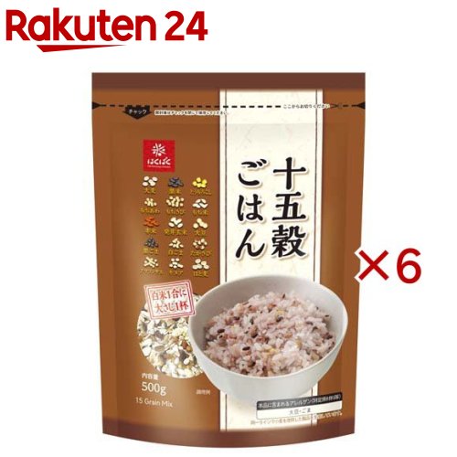 お店TOP＞フード＞米・雑穀類＞雑穀類＞雑穀米(雑穀ブレンド米)＞十五穀ごはん (500g×6セット)【十五穀ごはんの商品詳細】●洗ったお米に混ぜるだけで黒米、赤米により華やかな炊き上がりに！●十五種類の穀物の味わいで食べやすく飽きない配合。食べやすいけど香ばしい雑穀ごはんに仕上げました。●いつもと同じ水加減にした白米1合に大さじ1杯入れて炊くだけで、簡単においしい十五穀ごはんができます。●大きなお豆が苦手という方にも食べていただけるよう、ひき割り大豆を使用しています。【品名・名称】炊飯用穀類【十五穀ごはんの原材料】白麦(大麦(国産))、黒米、挽割とうもろこし、もちあわ、もちきび、もち米、発芽赤米、発芽玄米、焙煎挽割大豆、黒煎りごま、白煎りごま、たかきび、アマランサス、キヌア、挽割はと麦【栄養成分】100g当たりエネルギー：349kcal、たんぱく質：8.1g、脂質：4.1g、炭水化物：73.4g(糖質：66.4g、食物繊維：7.0g)、食塩相当量：0g【アレルギー物質】大豆、ごま【保存方法】直射日光・湿気を避け、常温で保存してください。【発売元、製造元、輸入元又は販売元】はくばく※説明文は単品の内容です。リニューアルに伴い、パッケージ・内容等予告なく変更する場合がございます。予めご了承ください。・単品JAN：4902571478645はくばく〒409-3843 山梨県中央市西花輪46290120-089890広告文責：楽天グループ株式会社電話：050-5577-5043[米・穀類]