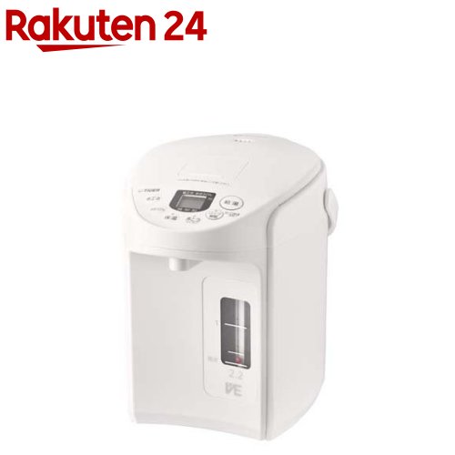 お店TOP＞家電＞調理家電＞電気ポット・電気ケトル＞電気ポット＞タイガー魔法瓶 VE電気まほうびん 2.2L クールホワイト PIQ-G220 WC (1台)【タイガー魔法瓶 VE電気まほうびん 2.2L クールホワイト PIQ-G220 WCの商品詳細】★たっぷり沸かしてまほうびんで保温「節電VE保温」●VEは、Vacuum(真空)+Electric(電気)の略称です。●節電VE保温は電気保温に高真空2重瓶での保温も併用した保温方式。 ●高真空2重瓶(VEまほうびん構造・ステンレス製)の容器は、通電を切っても保温できる頼もしい構造です。※ プラグを抜くと時間経過とともに冷めていきます。★時短・省エネダブルで節約 省エネコース(70・80・90・98)●設定温度で湯沸かしするから、時短＆節電に◎●省エネ湯沸かし：設定されている保温温度になると湯わかしが終了します。例えば90保温の場合の湯沸かし終了時の湯温は約90度です。(まほうびん保温の場合は約98度まで湯わかしし、その後、ヒーターが自動的にOFFになります)●省エネ保温：2時間以上キー操作しなかったときに、設定温度より5度下げて保温します。(98保温のときの省エネ保温は、95保温)●80設定：煎茶に 繊細なおいしさを引き出す温度。●90設定：コーヒーに ハンドドリップに最も適した温度。★多彩な節電メニュー(1)「まほうびん保温」コース●電気を使わないで高真空2重瓶(VEまほうびん構造・ステンレス製)の容器の保温力で保温します。(時間経過とともに冷めていきます。)(2)「節電タイマー」●使わない時間帯や外出時、就寝前などに合わせて選べる節電タイマー。 ヒーターが自動的にOFFになり、まほうびんで保温します。 6・7・8・9・10時間の5通りに設定でき、タイマーが切れる1時間前から湯わかしして保温に切り替わります。(3)「保温温度」の選択●お好みの湯温(98・90・80・70)に設定できます。低めの温度を選ぶと高めの設定よりも電気代が節約できます。●料理の下ごしらえや、コーヒー、お茶、調乳などの用途に合わせて、最適な湯温をお選びいただけます。★ゆっくり給湯●給湯スピードを2段階に切り替えられます。★見やすいデカ文字操作パネル●大きくて見やすい文字でかんたん操作。★ワイド＆赤玉水量計●残りの水量がすぐに分かります。★沸くまで何分表示機能●お湯が沸くまでの残り時間の目安を一目で確認することができます。★安全機能●「カラだき防止」カラだきを検知して自動OFF。●「自動ロック電動給湯」給湯後しばらくすると自動ロック。●「傾斜お湯もれ防止」万一傾いた場合でもお湯もれを最小限に。 ※●「転倒お湯もれ防止構造」万一傾いた場合でもお湯もれを最小限に。 ※●「チャイルドロック」小さなお子様が操作できないようにすべてのキーをロックできます。※ ご注意電動給湯の場合：操作キーがロック(出ない)状態になっていても、本体を傾けたり倒すと注ぎ口からお湯が流れ出てやけどのおそれがあります。【規格概要】サイズ：(約)幅21.9×奥行28.3×高さ25.4cm質量：(約)2.5kg定格電圧：100V定格周波数：50-60Hz容量：2.2L定格消費電力：700W年間消費電力量：262kWh／年1日当りの消費電力量：0.72kWh／日コードの長さ：(約)1m【原産国】中国【ブランド】タイガー(TIGER)【発売元、製造元、輸入元又は販売元】タイガー魔法瓶リニューアルに伴い、パッケージ・内容等予告なく変更する場合がございます。予めご了承ください。タイガー魔法瓶571-8571 大阪府門真市速見町3-10570-011101広告文責：楽天グループ株式会社電話：050-5577-5043[キッチン家電・調理家電/ブランド：タイガー(TIGER)/]