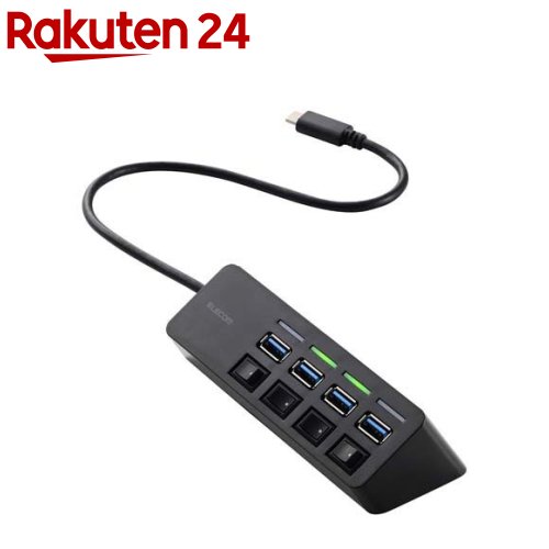 お店TOP＞家電＞情報家電＞パソコンサプライ＞USBハブ(USB2.0対応)＞エレコム USB Type-C ハブ USB3.2 Gen1 ( USB-A ×4 ) ブラック U3HC-S040BK (1個)【エレコム USB Type-C ハブ USB3.2 Gen1 ( USB-A ×4 ) ブラック U3HC-S040BKの商品詳細】●USB-Aポート×4を搭載。マウスやキーボード、USBメモリなどをこの1台にまとめて接続できます。 ●電源ON／OFFに切り替えられる個別スイッチタイプで、デスク回りのUSB機器を使いたいときだけ電源ONにして節電できます。個別アクセスランプを搭載していて、電源ON／OFFがひと目で分かり電源の消し忘れを防ぎます。 ●強力マグネットでしっかり固定。スチール製のデスクなどに取り付ければ、ぐらつかずに抜き挿しでき、省スペースで使用できます。 ●コネクターを抜き挿ししやすい斜め設計を採用しています。 ●転送速度USB 5Gbps(USB3.0)と従来のUSB2.0の約10倍の転送速度(理論値)を実現するUSB 5Gbpsに対応したUSBハブです。 ●USB 5Gbps対応のパソコン・機器であれば、写真や動画などのデータも高速に転送可能です。 ●USB2.0／1.1環境でも使用できるので、USB2.0／1.1対応のパソコン・機器でもそのまま接続可能です。 ●底面にラバー素材を設置し、ぐらつかず安定して使用できます。 ●ACアダプター不要のバスパワー専用タイプです。 ●ケーブルは紛失の心配がない直付けタイプで、ケーブルの長さは余裕をもって使える約30cmです。 ※本製品はUSBポートを増設するための製品です。本製品でのスマートフォン・タブレットの充電はおすすめしません。 ※USB Type-C and USB-C are trademarks of USB Implementers Forum. ●廃棄物削減に取り組み、製品に同梱する取扱説明書等をペーパーレス化した製品です。 ●製品の包装容器が紙・ダンボール・ポリ袋のみで構成されている製品です。【規格概要】コネクター仕様(アップストリーム)：USB Type-C(TM)プラグ×1(USB 5Gbps(USB3.2(Gen1))／USB2.0／USB1.1) USBポート(ダウンストリーム)：USB-Aポート×4(USB 5Gbps(USB3.2(Gen1))) 対応OS(Windows)：Windows 11／10 対応OS(macOS)：macOS Sequoia 15 対応OS(iPadOS)：iPadOS 18 対応OS 備考：※各OSの最新バージョンへのアップデートや、サービスパックのインストールが必要になる場合があります。 ケーブル長：約30cm ※コネクター含まず 電源方式：バスパワー 動作環境：温度5度〜40度、湿度30％〜80％(結露なきこと) VCCI：Class B対応 カラー：ブラック 外形寸法：幅約124mm×奥行約37mm×高さ約41mm ※ケーブル含まず 重量：約89g 保証期間：1年間【原産国】中国【発売元、製造元、輸入元又は販売元】エレコムリニューアルに伴い、パッケージ・内容等予告なく変更する場合がございます。予めご了承ください。エレコム541-8765 大阪市中央区伏見町4丁目1番1号 9F0570-084-465広告文責：楽天グループ株式会社電話：050-5577-5043[情報家電]