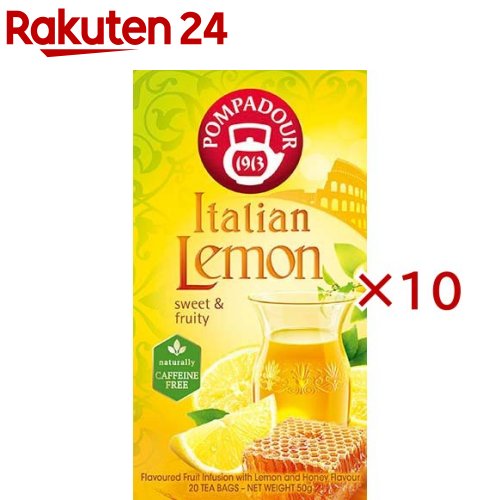 お店TOP＞水・飲料＞紅茶・ハーブティー＞ハーブティー＞ハーブティー全部＞ポンパドール イタリアンレモン ハーブティー (20袋入×10セット(1袋2.5g))【ポンパドール イタリアンレモン ハーブティーの商品詳細】●はちみつビッツ入り●イタリアの新鮮なレモンのような爽やかな香りと味わい●無香料、ノンカフェイン【品名・名称】ハーブティー【ポンパドール イタリアンレモン ハーブティーの原材料】アップル、ホワイトハイビスカス、ローズヒップ、ステビアリーフ、レモン、はちみつ加工品(はちみつ、マルトデキストリン)／香料、増粘剤(アルギン酸ナトリウム)【アレルギー物質】りんご【保存方法】・直射日光を、高温多湿な場所を避けて常温で保存してください。【注意事項】はちみつを含むため1才未満の乳児には与えないでください。【原産国】ドイツ【ブランド】POMPADOUR(ポンパドール)【発売元、製造元、輸入元又は販売元】日本緑茶センター※説明文は単品の内容です。リニューアルに伴い、パッケージ・内容等予告なく変更する場合がございます。予めご了承ください。・単品JAN：4975723036246日本緑茶センター150-0031 東京都渋谷区桜丘町24-4 東武富士ビル03-5728-6801広告文責：楽天グループ株式会社電話：050-5577-5043[ハーブティー/ブランド：POMPADOUR(ポンパドール)/]