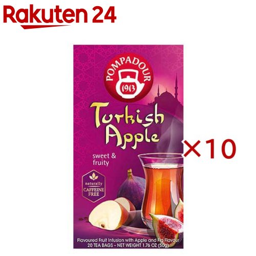 お店TOP＞水・飲料＞紅茶・ハーブティー＞ハーブティー＞ハーブティー(ブレンド)＞ポンパドール ターキッシュアップル (20袋入×10セット(1袋2.5g))【ポンパドール ターキッシュアップルの商品詳細】●この商品は、世界のフルーツをイメージしており、トルコの自然の恵みを浴びたアップルを思わせる甘く爽やかな味わい。●アップルを50％以上使用し、ローズヒップやイチジクをブレンドしたフルーツ＆ハーブティー。【品名・名称】ハーブティー【ポンパドール ターキッシュアップルの原材料】アップル、ローズヒップ、オレンジピール、リコリス、ハイビスカス、ステビアリーフ、イチジク／香料、クエン酸【栄養成分】記載なし【アレルギー物質】りんご、オレンジ【保存方法】直射日光、高温多湿な場所を避けて常温で保管してください。【原産国】ドイツ【発売元、製造元、輸入元又は販売元】日本緑茶センター※説明文は単品の内容です。リニューアルに伴い、パッケージ・内容等予告なく変更する場合がございます。予めご了承ください。・単品JAN：4975723037977日本緑茶センター150-0031 東京都渋谷区桜丘町24-4 東武富士ビル03-5728-6801広告文責：楽天グループ株式会社電話：050-5577-5043[紅茶]