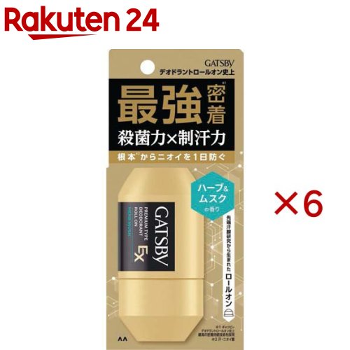 お店TOP＞日用品＞デオドラント＞デオドラント＞デオドラント 直塗りタイプ(ロールオン)＞ギャツビー EXプレミアムタイプデオドラントロールオン ハーブ＆ムスク (60ml×6セット)商品区分：医薬部外品【ギャツビー EXプレミアムタイプデオドラントロールオン ハーブ＆ムスクの商品詳細】●W殺菌＆徹底汗ケアでニオイを徹底対策。●汗腺研究から生まれたロールオン。●ハーブ＆ムスクの香り【販売名】デオドラント ロールオンOB【使用方法】・容器をよく振った後一度さかさにしてからワキの下などニオイの気になるところに適量を塗ってください・上向きでご使用ください・乾いた後で衣服を着てください・使用後はキャップをきちんと閉めてください・ボールが回りにくいときは指で回してからお使いください・ボール部に白い結晶ができても効果に影響はありません【成分】有効成分：クロルヒドロキシアルミニウム、イソプロピルメチルフェノール、塩化ベンザルコニウム液その他成分：エタノール、精製水、ポリエチレングリコール400、常水、トリ2-エチルヘキサン酸グリセリル、l-メントール、ヒドロキシプロピルセルロース、アクリル酸アルキル共重合体エマルション(1)、グリチルリチン酸モノアンモニウム、ポリエチレングリコール、香料【注意事項】・顔・粘膜への使用は避け、除毛直後や肌に傷のあるときは使わないでください・お肌に異常が生じていないかよく注意して使用してください。傷やはれもの・湿疹等異常のあるときは使わないでください。・使用中又は使用後日光にあたって赤味・はれ・かゆみ・刺激・色抜け(白斑等)や黒ずみ等の異常がでたら使用を中止し皮フ科医へご相談ください。そのまま使用を続けると症状が悪化することがあります。・メントールの冷感刺激に弱い方肌の弱い方は使用をお控えください・高温になるところには置かないでください・乳幼児や認知症の方などの誤飲等を防ぐため置き場所にご注意ください・皮フ科医等へご相談の際は全成分情報が必要となることがありますのでこの箱を大切に保管してください【原産国】日本【ブランド】ギャツビー(GATSBY)【発売元、製造元、輸入元又は販売元】マンダム※説明文は単品の内容です。リニューアルに伴い、パッケージ・内容等予告なく変更する場合がございます。予めご了承ください。・単品JAN：4902806136074マンダム540-8530 大阪府大阪市中央区十二軒町5-120120-37-3337広告文責：楽天グループ株式会社電話：050-5577-5043[デオドラント用品/ブランド：ギャツビー(GATSBY)/]