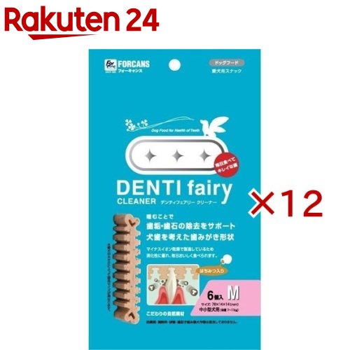 お店TOP＞ペット用品＞犬用食品(フード・おやつ)＞犬用おやつ(間食・スナック)＞デンタルおやつ(犬用)＞デンティ 3フェアリー M (6個入×12セット)【デンティ 3フェアリー Mの商品詳細】●噛むことで歯垢・歯石の除去をサポート●犬歯を考えた歯磨き形状●こだわりの自然素材●はちみつ入り●防腐剤・調味料・砂糖・遺伝子組み換え作物は使用しておりません。【デンティ 3フェアリー Mの原材料】コンスターチ、マルチトール、イソマルトオリゴ糖、グリセリン、玄米、オートミール、ゼラチン、硬化油、食物繊維、亜麻仁粉末、CMC-Na、モノステアリン酸グリセリン、食用香料(はちみつ、ミルク、ミント)、ビタミンB1、天然蜂蜜、スクラロース、酢酸亜鉛、キトサンオリゴ糖【栄養成分】粗たん白質：5.0％以上粗脂肪：3.0％以上粗繊維：2.0％以下粗灰分：2.0％以下水分：14.0％以下カロリー：約4.2kcal／g【規格概要】適応種：中型犬(7〜11kg)【原産国】韓国【発売元、製造元、輸入元又は販売元】フォーキャンスこちらの商品は、ペット用の商品です。※説明文は単品の内容です。リニューアルに伴い、パッケージ・内容等予告なく変更する場合がございます。予めご了承ください。(DENTI fairy CLEANER デンティーフェアリー)・単品JAN：8809058112527フォーキャンス東京都千代田区東神田2丁目2番地1号 NMビル3階03-5829-4408広告文責：楽天グループ株式会社電話：050-5577-5043[犬用品]
