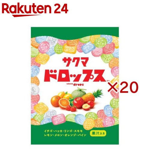 お店TOP＞フード＞お菓子＞飴・キャンディー＞キャンディー＞袋入りドロップス (101g×20セット)【袋入りドロップスの商品詳細】●世代を問わず親しまれてきた、サクマ製菓を代表するロングセラー。●缶入りドロップスで長年親しまれてきたお馴染みの味わいはそのままに、より手軽に楽しめるよう袋タイプにした商品です。●個包装なので持ち歩きに便利！オレンジ、イチゴ、レモン、メロン、パイン、リンゴ、スモモ、ハッカの8つの味と4つの形が楽しめます。【品名・名称】キャンディ【袋入りドロップスの原材料】砂糖(国内製造)、水飴、濃縮果汁(いちご、パインアップル、オレンジ、レモン、りんご、メロン、すもも)／酸味料、香料、着色料(紫コーン色素、パプリカ色素、カロチン、紅麹、クチナシ、紅花黄)、(一部にオレンジ・りんごを含む)【栄養成分】1粒標準3.7gあたり エネルギー：14kcal、たんぱく質：0g、脂質：0g、炭水化物：3.6g、食塩相当量：0g【アレルギー物質】オレンジ・りんご【保存方法】直射日光や多湿高温の場所を避けて保存してください。【ブランド】サクマ【発売元、製造元、輸入元又は販売元】サクマ製菓※説明文は単品の内容です。リニューアルに伴い、パッケージ・内容等予告なく変更する場合がございます。予めご了承ください。・単品JAN：4903901193351サクマ製菓152-0001 東京都目黒区中央町1-5-20120-153693広告文責：楽天グループ株式会社電話：050-5577-5043[あめ・飴・キャンディ/ブランド：サクマ/]