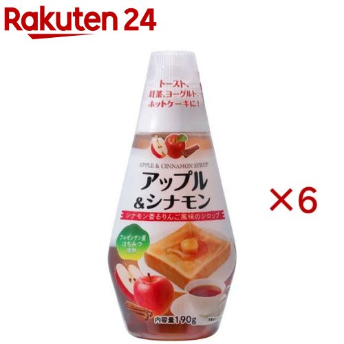 お店TOP＞フード＞はちみつ・ジャム＞コンポート・シロップ漬け＞シロップ漬け＞アップル＆シナモン (190g×6セット)【アップル＆シナモンの商品詳細】●シナモンが香るリンゴ風味のシロップにアルゼンチン産の蜂蜜を使用したものです。【品名・名称】フルーツシロップ【アップル＆シナモンの原材料】水あめ・砂糖混合ぶどう糖果糖液糖(国内製造)、果糖、水あめ、はちみつ、濃縮りんご果汁、シナモンパウダー／クエン酸、香料、増粘剤(ペクチン)【栄養成分】100gあたりエネルギー：309kcal、たんぱく質：0g、脂質：0g、炭水化物：77.3g、食塩相当量：0.01g【アレルギー物質】記載なし【保存方法】・開封前：直射日光を避け常温で保存・開封後：要冷蔵(10度以下)【ブランド】サクラ印【発売元、製造元、輸入元又は販売元】加藤美蜂園本舗※説明文は単品の内容です。リニューアルに伴い、パッケージ・内容等予告なく変更する場合がございます。予めご了承ください。・単品JAN：4901390182450加藤美蜂園本舗111-0031 東京都台東区千束1-1-503-3875-1182広告文責：楽天グループ株式会社電話：050-5577-5043[砂糖・甘味料/ブランド：サクラ印/]