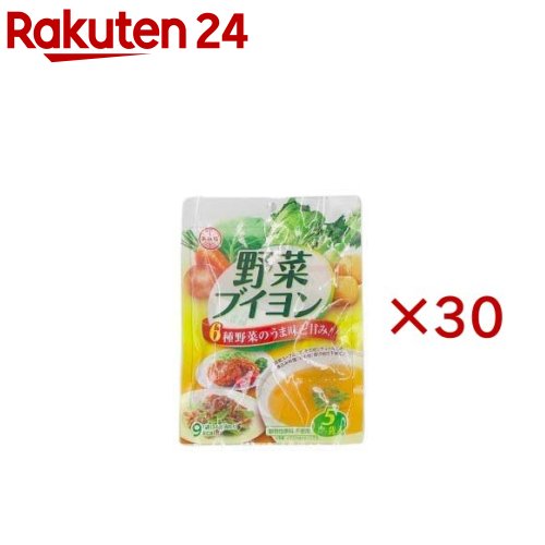 お店TOP＞フード＞だし・乾物・海藻＞だし類＞コンソメ(ブイヨン)＞野菜ブイヨン5P (5袋入×30セット(1袋3.6g))【野菜ブイヨン5Pの商品詳細】●タマネギ・キャベツ・ジャガイモ・セロリ・白菜・ニンジンの6種類の野菜で仕上げた、野菜本来のうま味と甘さのやさしい味わいの万能ブイヨンです。※動物性原料不使用【使用方法】・器に袋の中身をあけ熱湯約200mlを注ぎます。・軽くかき混ぜて出来上がりです。・スープ以外にも、カレーやシチューの煮込み料理(3〜4皿分に1袋目安)に、炒め物・揚げ物などの下味(お好みの量)に、いつもの料理の隠し味としてお使いいただけます。熱湯の量はお好みにより加減してください。【召し上がり方】(1)器に袋の中身をあけ熱湯約200mlを注ぎます。(2)軽くかき混ぜて出来上がりです。スープ以外にも、カレーやシチューの煮込み料理(3〜4皿分に1袋目安)に、炒め物・揚げ物などの下味(お好みの量)に、いつもの料理の隠し味としてお使いいただけます。熱湯の量はお好みにより加減してください。【品名・名称】乾燥スープ【野菜ブイヨン5Pの原材料】食塩(国内製造)、デキストリン、たん白加水分解物、野菜パウダー(玉ねぎ、キャベツ、じゃがいも、セロリ)、酵母エキス、野菜エキスパウダー(玉ねぎ、白菜、セロリ、人参)、香辛料、(一部に小麦・大豆を含む)【栄養成分】1袋(3.6g)当たりエネルギー：9kcal、たんぱく質：0.5g、脂質：0.0g、炭水化物：1.7g、食塩相当量：1.2g(推定値)【アレルギー物質】小麦、大豆【保存方法】高温多湿を避け、常温で保存してください。【原産国】日本【ブランド】あみ印食品【発売元、製造元、輸入元又は販売元】あみ印食品工業株式会社※説明文は単品の内容です。リニューアルに伴い、パッケージ・内容等予告なく変更する場合がございます。予めご了承ください。・単品JAN：4970017043610あみ印食品工業株式会社0120-014-184広告文責：楽天グループ株式会社電話：050-5577-5043[調味料/ブランド：あみ印食品/]