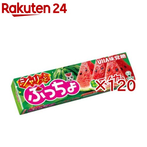 お店TOP＞フード＞お菓子＞飴・キャンディー＞ソフトキャンディー＞ぷっちょスティック シャリっとスイカ (10粒入×120セット)【ぷっちょスティック シャリっとスイカの商品詳細】★シャリっと食感●外側はシャリっと軽やかな食感、中はもっちりとした食感で、2つの食感が楽しめるソフトキャンディです。●センターにザラメを使用することによって、噛む度に癖になるシャリっとした食感にいたしました。★スイカ●暑い時期でも食べやすく、さわやかな味わいとみずみずしさが特徴のスイカフレーバーです。 ★ぷちぷちグミ入りソフトキャンディ●ジューシーなぷちぷちグミとソフトキャンディの弾力のある食感のマリアージュが楽しめます。●グミを噛むとジューシーなおいしさが広がり、ソフトキャンディからは濃厚なおいしさが味わえます。【品名・名称】キャンディ【ぷっちょスティック シャリっとスイカの原材料】砂糖(国内製造)、水飴、植物性加工油脂、ゼラチン、殺菌乳酸菌飲料、果糖ぶどう糖液糖、還元水飴、ぶどう糖、すいかピューレ(すいか、砂糖)、植物油脂／甘味料(キシリトール、ステビア)、酸味料、増粘剤(加工澱粉、増粘多糖類)、乳化剤、着色料(β-カロテン、スピルリナ青、ニンジンエキス、クランベリーエキス)、香料、光沢剤、(一部に乳成分・ゼラチンを含む)【栄養成分】1粒(5.0g)あたりエネルギー：19kcal、たんぱく質：0.1g、脂質：0.3g、炭水化物：4.3g、食塩相当量：0.001g【アレルギー物質】乳・ゼラチン【保存方法】直射日光・高温多湿を避け、保存してください。【注意事項】・歯科治療材がとれる場合があるのでご注意ください。・一度に多量に摂ると、体質によってはお腹がゆるくなる場合があります。・パッケージの写真・イラストは味をイメージしたものです。・グミ・シャリシャリ粒の入り方には、ばらつきがあります。【ブランド】ぷっちょ【発売元、製造元、輸入元又は販売元】UHA味覚糖※説明文は単品の内容です。リニューアルに伴い、パッケージ・内容等予告なく変更する場合がございます。予めご了承ください。・単品JAN：4902750896321UHA味覚糖639-1031 奈良県大和郡山市今国府町137-50120-653-910広告文責：楽天グループ株式会社電話：050-5577-5043[あめ・飴・キャンディ/ブランド：ぷっちょ/]