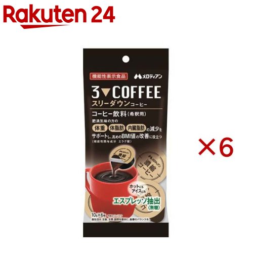 お店TOP＞健康食品＞機能性表示食品＞機能性表示食品全部＞スリーダウンコーヒー (6個入×6セット(1個10g))商品区分：機能性表示食品(J672)【スリーダウンコーヒーの商品詳細】●いつものコーヒーを置き換えるだけ！おいしく健康をサポート！【保健機能食品表示】届出表示：本品にはエラグ酸が含まれています。エラグ酸は肥満気味の方の体重、体脂肪、血中中性脂肪、内臓脂肪、ウエスト周囲径の減少をサポートし、高めのBMI値の改善に役立つことが報告されています。【1日あたりの摂取目安量】3個(30g)【使用方法】15倍希釈【召し上がり方】140mlの水やお湯、牛乳、豆乳などに本品1個を入れ、よく混ぜてお召し上がりください。【品名・名称】コーヒー飲料(希釈用)【スリーダウンコーヒーの原材料】コーヒー(国内製造、ブラジル製造)、ざくろエキスパウダー／セルロース【栄養成分】1日摂取目安量3個(30g)当たりエネルギー：16kcal、たんぱく質：1.1g、脂質：0g、炭水化物：2.9g(糖類：0g)、食塩相当量：0.11g機能性関与成分 エラグ酸：3mg【規格概要】60g(10g×6個)【保存方法】直射日光や高温多湿を避けて保存してください。【注意事項】・本品は、事業者の責任において特定の保健の目的が期待できる旨を表示するものとして、消費者庁長官に届出されたものです。ただし、特定保健用食品と異なり、消費者庁長官による個別審査を受けたものではありません。・本品は、疾病の診断、治療、予防を目的としたものではありません。・本品は、疾病に罹患している者、未成年者、妊産婦(妊娠を計画している者を含む。)及び授乳婦を対象に開発された食品ではありません。・疾病に罹患している場合は医師に、医薬品を服用している場合は医師、薬剤師に相談してください。・体調に異変を感じた際は、速やかに摂取を中止し、医師に相談してください。・本品は多量摂取により疾病が治癒したり、より健康が増進するものではありません。1日摂取目安量を守ってください。・容器開封後は一度に使い切ってください。・原材料に由来する油脂分・成分が白色または茶色の固まりとなり、浮遊・沈殿する場合がありますが品質には問題ありません。・外袋開封後は袋の口を閉じて保存し、お早めにご使用ください。・食生活は、主食、主菜、副菜を基本に、食事のバランスを。【原産国】日本【ブランド】メロディアン【発売元、製造元、輸入元又は販売元】メロディアン※説明文は単品の内容です。リニューアルに伴い、パッケージ・内容等予告なく変更する場合がございます。予めご了承ください。・単品JAN：4902390559853メロディアン大阪府八尾市旭ヶ丘1丁目33番地0120-328750広告文責：楽天グループ株式会社電話：050-5577-5043[機能性表示食品/ブランド：メロディアン/]