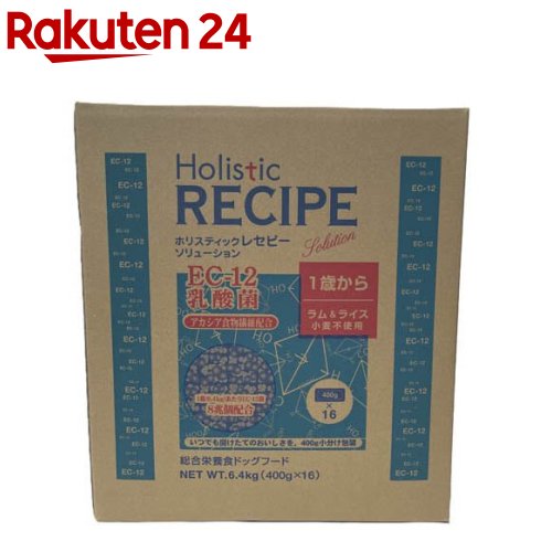 お店TOP＞ペット用品＞犬用食品(フード・おやつ)＞ドッグフード(ドライフード・総合栄養食)＞ドッグフード(ドライフード)＞ホリスティックレセピー EC-12 ラム＆ライス 犬用 (6.4kg)【ホリスティックレセピー EC-12 ラム＆ライス 犬用の商品詳細】●ホリスティックレセピーは、日本特有の気候(四季)・住環境・生活環境を念頭におき、日本専用のオリジナルフードとして開発しました。●ホリスティックレセピードッグフードは、愛犬に最適なエネルギーと栄養を供給します。●また、多角的に考えられたこのフードは愛犬の健康維持に対し十分に配慮され作られています。【品名・名称】総合栄養食ドッグフード【ホリスティックレセピー EC-12 ラム＆ライス 犬用の原材料】ラム肉粉、醸造米、玄米、大麦、ラム肉、鶏脂、豆タンパク、ナチュラルフレーバー、ビートパルプ、トマト粗、醸造酵母、亜麻仁ミール、塩、加水分解酵母(マンナンオリゴ糖源)、緑茶、アカシア食物繊維、乳酸菌末(殺菌乳酸菌体、デキストリン)、塩化カリウム、塩化コリン、ユッカフォーム抽出物、アスコルビン酸、DLーメチオニン、グルコサミン、コンドロイチン、ビタミン類(E、A、D3、B12、ナイアシン、B2、パントテン酸、B1、B6、葉酸、ビオチン)、ミネラル類(亜鉛、アミノ酸キレート化亜鉛、鉄、マンガン、アミノ酸キレート化マンガン、銅、アミノ酸キレート化銅、ヨウ素、セレン、コバルト)、酸化防止剤、(ミックストコフェロール、クエン酸、ローズマリーエキス)【栄養成分】たんぱく質：22.00％以上、脂肪：12.00％以上、粗繊維：4.50％以下、粗灰分：8.50％以下、水分：10.00％以下、カルシウム：1.00％以上、リン：0.80％以上、オメガ3脂肪酸：0.25％、オメガ6脂肪酸：1.63％、代謝エネルギー：340kcal／100g【アレルギー物質】記載なし【原産国】アメリカ【ブランド】ホリスティックレセピー【発売元、製造元、輸入元又は販売元】パーパスこちらの商品は、ペット用の商品です。リニューアルに伴い、パッケージ・内容等予告なく変更する場合がございます。予めご了承ください。パーパス614-8234京都府八幡市内里女谷10ー1050-5516-7987広告文責：楽天グループ株式会社電話：050-5577-5043[犬用品/ブランド：ホリスティックレセピー/]