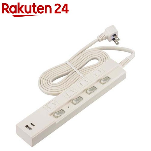 4個口節電タップ 雷ガード PD対応Type-C Type-Aポート付き 2m ホワイト(1個)【OHM】