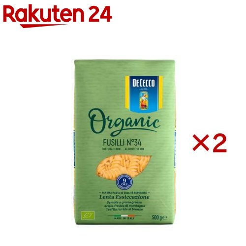 お店TOP＞フード＞穀物・豆・麺類＞パスタ＞フジッリ＞ディ・チェコ No.34 フスィリ オーガニック (500g×2セット)商品区分：有機JAS認定【ディ・チェコ No.34 フスィリ オーガニックの商品詳細】●有機栽培のデュラム小麦を使用。●有機JAS認定を受けているらせん状の形のオーガニックパスタ。【品名・名称】有機マカロニ【ディ・チェコ No.34 フスィリ オーガニックの原材料】有機デュラム小麦のセモリナ【栄養成分】100g当りエネルギー：362kcal、たんぱく質：12g、脂質：2g、炭水化物：74g、食塩相当量：0g【アレルギー物質】小麦【保存方法】高温多湿の場所、直射日光を避けて常温で保存してください【注意事項】・賞味期限は、製品が未開封状態での期限です。・細かい斑点はデュラムセモリナに由来するものです。品質には問題ありません。・固めの食感をお好みの場合は、10分間ゆでてください。【原産国】イタリア【ブランド】ディチェコ(DE CECCO)【発売元、製造元、輸入元又は販売元】日清製粉ウェルナ※説明文は単品の内容です。リニューアルに伴い、パッケージ・内容等予告なく変更する場合がございます。予めご了承ください。・単品JAN：8001250008787日清製粉ウェルナ101-8441 東京都千代田区神田錦町1-250120-244-157広告文責：楽天グループ株式会社電話：050-5577-5043[麺類/ブランド：ディチェコ(DE CECCO)/]