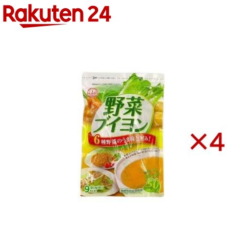 お店TOP＞フード＞だし・乾物・海藻＞だし類＞コンソメ(ブイヨン)＞野菜ブイヨン (50袋入×4セット(1袋3.6g))【野菜ブイヨンの商品詳細】●タマネギ・キャベツ・ジャガイモ・セロリ・白菜・ニンジンの6種類の野菜で仕上げた、野菜本来のうま味と甘さのやさしい味わいの万能ブイヨンです。※動物性原料不使用【使用方法】・器に袋の中身をあけ熱湯約200mlを注ぎます。・軽くかき混ぜて出来上がりです。・スープ以外にも、カレーやシチューの煮込み料理(3〜4皿分に1袋目安)に、炒め物・揚げ物などの下味(お好みの量)に、いつもの料理の隠し味としてお使いいただけます。熱湯の量はお好みにより加減してください。【召し上がり方】(1)器に袋の中身をあけ熱湯約200mlを注ぎます。(2)軽くかき混ぜて出来上がりです。スープ以外にも、カレーやシチューの煮込み料理(3〜4皿分に1袋目安)に、炒め物・揚げ物などの下味(お好みの量)に、いつもの料理の隠し味としてお使いいただけます。熱湯の量はお好みにより加減してください。【品名・名称】乾燥スープ【野菜ブイヨンの原材料】食塩(国内製造)、デキストリン、たん白加水分解物、野菜パウダー(玉ねぎ、キャベツ、じゃがいも、セロリ)、酵母エキス、野菜エキスパウダー(玉ねぎ、白菜、セロリ、人参)、香辛料、(一部に小麦・大豆を含む)【栄養成分】1袋(3.6g)当たりエネルギー：9kcal、たんぱく質：0.5g、脂質：0.0g、炭水化物：1.7g、食塩相当量：1.2g(推定値)【アレルギー物質】小麦、大豆【保存方法】高温多湿を避け、常温で保存してください。【原産国】日本【ブランド】あみ印食品【発売元、製造元、輸入元又は販売元】あみ印食品工業株式会社※説明文は単品の内容です。リニューアルに伴い、パッケージ・内容等予告なく変更する場合がございます。予めご了承ください。・単品JAN：4970017043603あみ印食品工業株式会社0120-014-184広告文責：楽天グループ株式会社電話：050-5577-5043[調味料/ブランド：あみ印食品/]