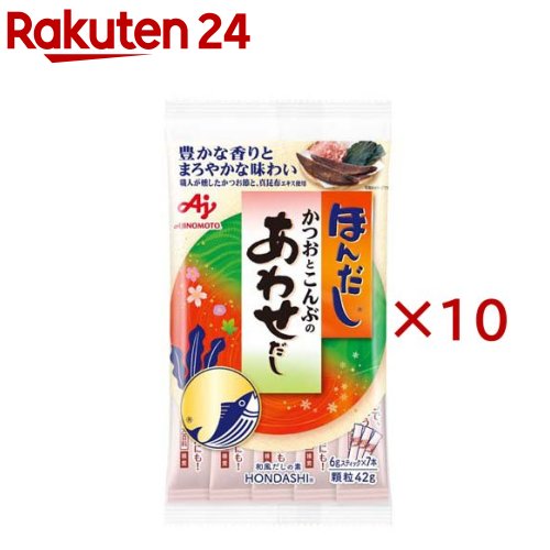 お店TOP＞フード＞だし・乾物・海藻＞だし類＞和風だし＞ほんだしあわせだし 6gスティック AS-7 (7本入×10セット)【ほんだしあわせだし 6gスティック AS-7の商品詳細】●焼津・枕崎製造のかつお節と、北海道産真昆布のエキスを使用し、バランスよく合わせた、豊かな香りとまろやかな味わいの和風だしの素【品名・名称】風味調味料【ほんだしあわせだし 6gスティック AS-7の原材料】ガーリックパウダー(国内製造)、食塩、食用油脂、酵母エキス、たん白加水分解物、ローストオニオンパウダー、こしょう、唐辛子粉末、酵母エキス発酵調味料、米加工品、酵母エキス調味料、乳糖／調味料(アミノ酸等)、酵素、香料、(一部に小麦・乳成分・大豆を含む)【栄養成分】みそ汁1杯分(1g)あたりエネルギー：2.4kcal、脂質：0-0.01g、たんぱく質：0.28g、炭水化物：0.30g、食塩相当量：0.37g【アレルギー物質】乳製品【保存方法】常温【発売元、製造元、輸入元又は販売元】味の素※説明文は単品の内容です。商品に関するお電話でのお問合せは、下記までお願いいたします。受付時間 平日9：30-17：00(土日・祝日・6月第3金曜日・夏期休暇・年末年始を除く）)調味料・加工食品・その他：0120-68-8181クノールスープ製品：0120-40-5656具たっぷり味噌汁：0120-53-0606甘味料・アミノ酸含有食品：0120-16-0505味の素KK栄養ケア(アクアソリタ、アミノエールゼリーなど)：0120-814-222リニューアルに伴い、パッケージ・内容等予告なく変更する場合がございます。予めご了承ください。・単品JAN：4901001746880味の素104-8315 東京都中央区京橋1-15-1※お問合せ番号は商品詳細参照広告文責：楽天グループ株式会社電話：050-5577-5043[調味料]